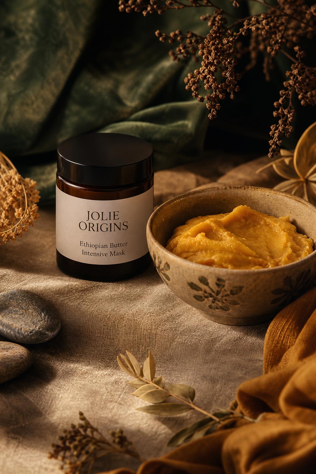 Golden Ethiopian butter in a ceramic bowl beside a Jolie Origins jar